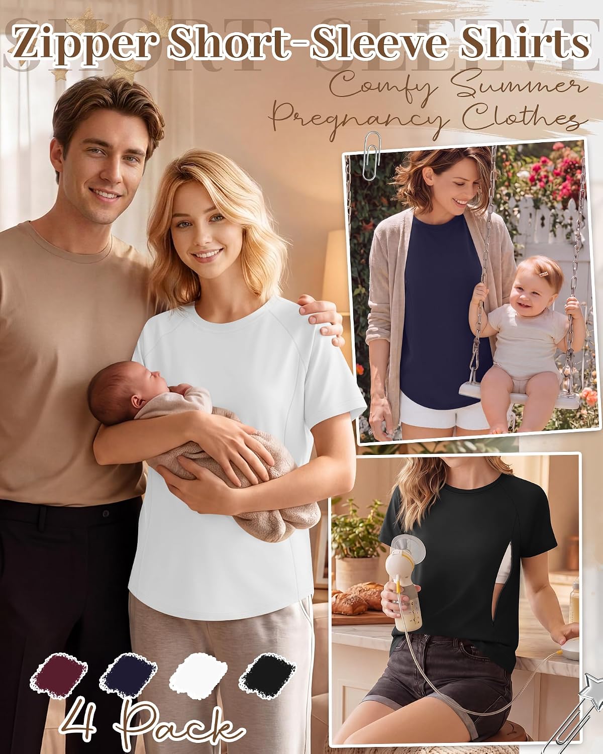 Huukeay 4 Pack Women's Nursing Breastfeeding Shirts with Hidden Zipper Maternity Tunic Short Sleeve Pregnancy Tops Clothes