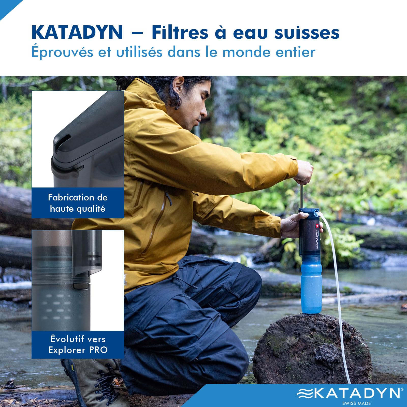 Filtre à eau Katadyn Explorer Outdoor à 2 étapes en fibres creuses | Camping, randonnée, expédition, voyage, survie en milieu naturel | Céramique + charbon actif | Jusqu'à 20 000 litres