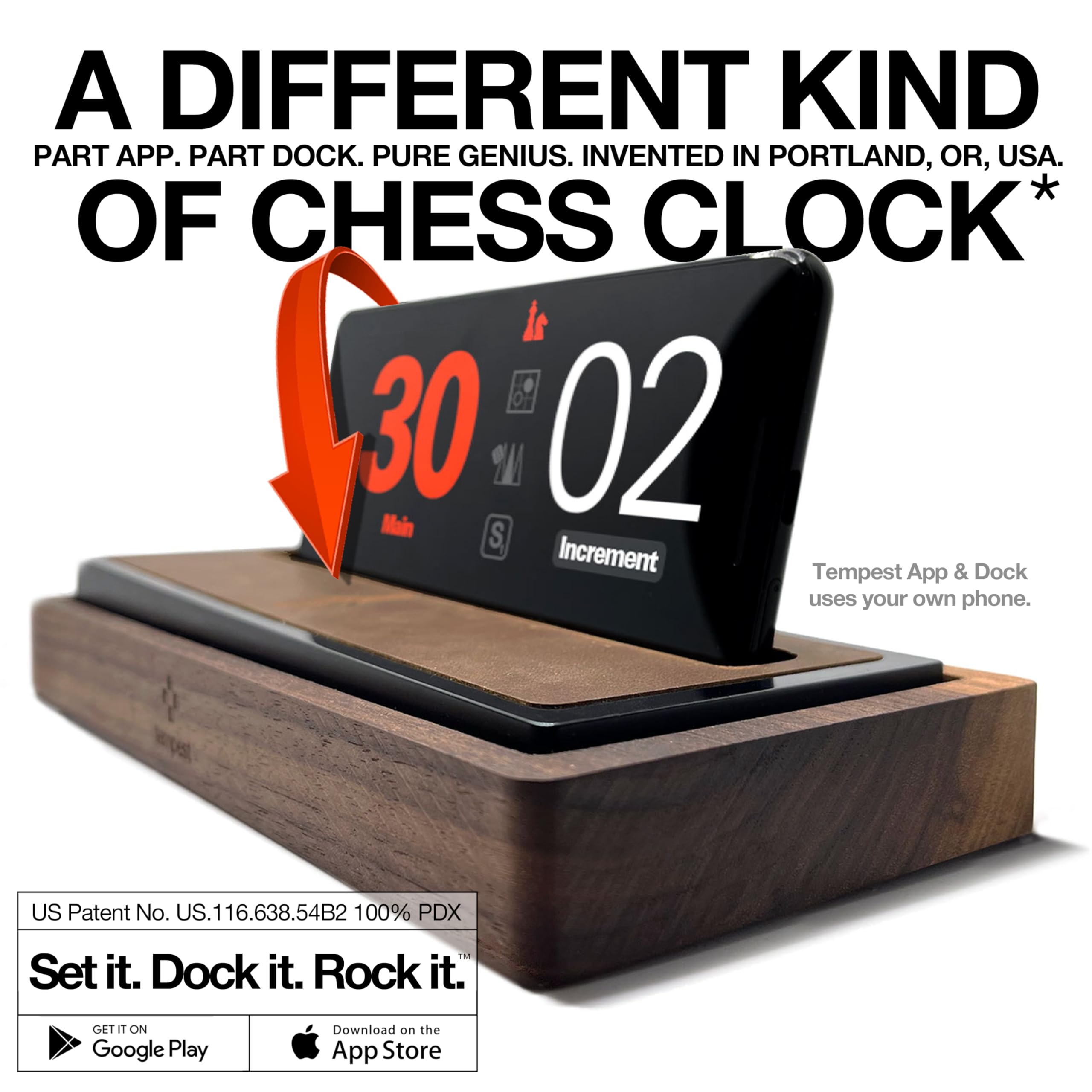 Tempest Deluxe Chess Clock: Zegar szachowy z litego orzecha i prawdziwej skóry, aplikacja iOS/Android