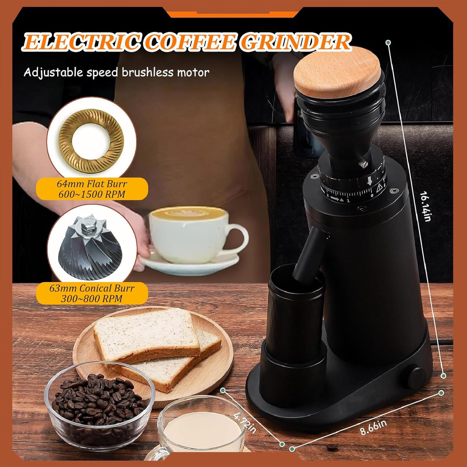Molino De Café Profesional Con Muelle Plano, Ajuste Continuo Los Niveles Molienda, Eléctrico Temporizador Ajustable 20 Segundos