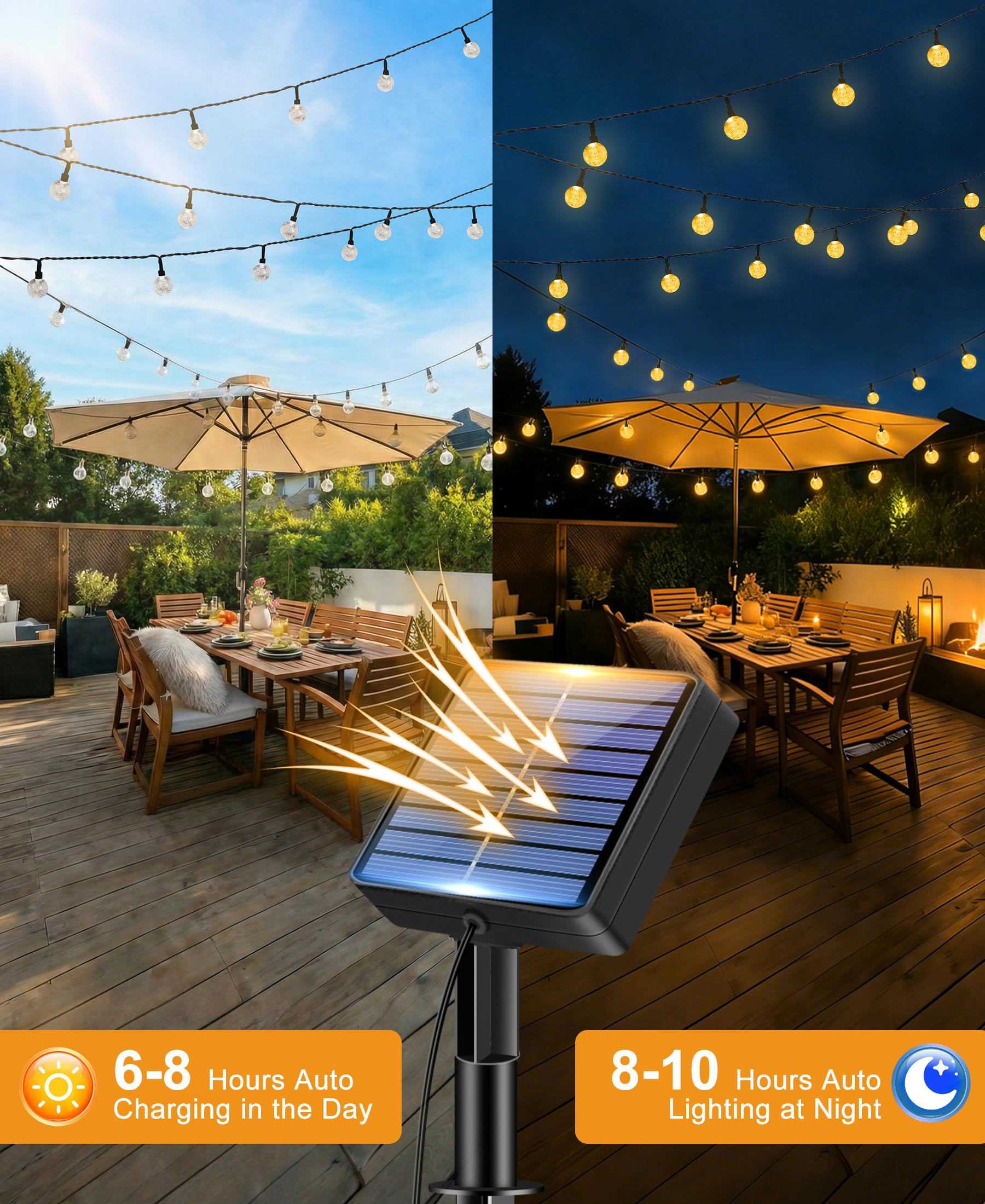 btfarm 49FT/15M Solar String Lights Outdoor, 50LED Solar Powered Patio Lights Outdoor Waterproof, 8 Modes Crystal Globe Lighting for Garden Fence Gazebo Tree Yard Porch Party Wedding Decor, Warm White - 2