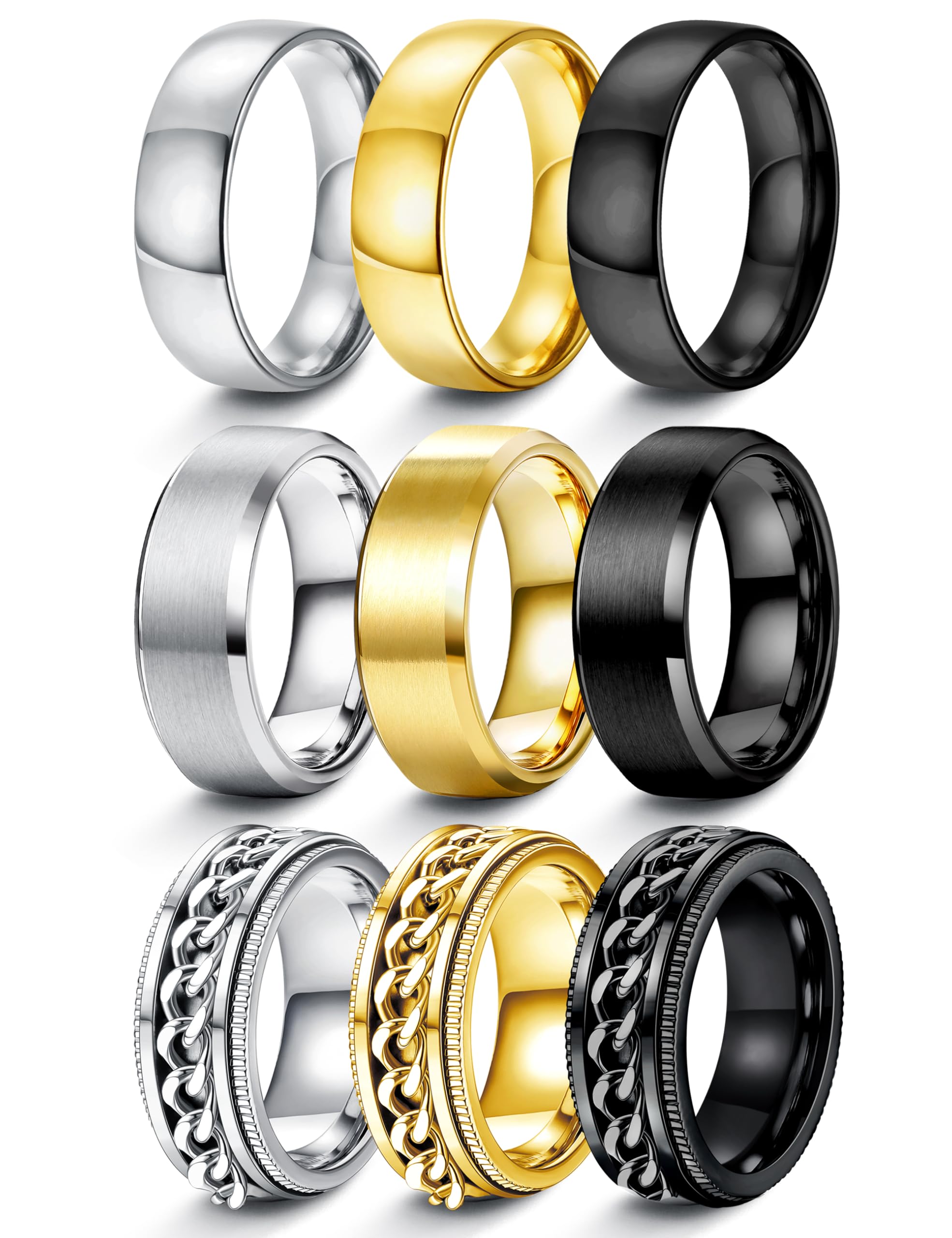 FIASASO 9Pcs Rings for Men Gold Silver Mens Rings Stainless Steel Wedding Bands for Men 8MM Width Mens Wedding Ring Set Silver Black Gold Male Ring Size 6-14