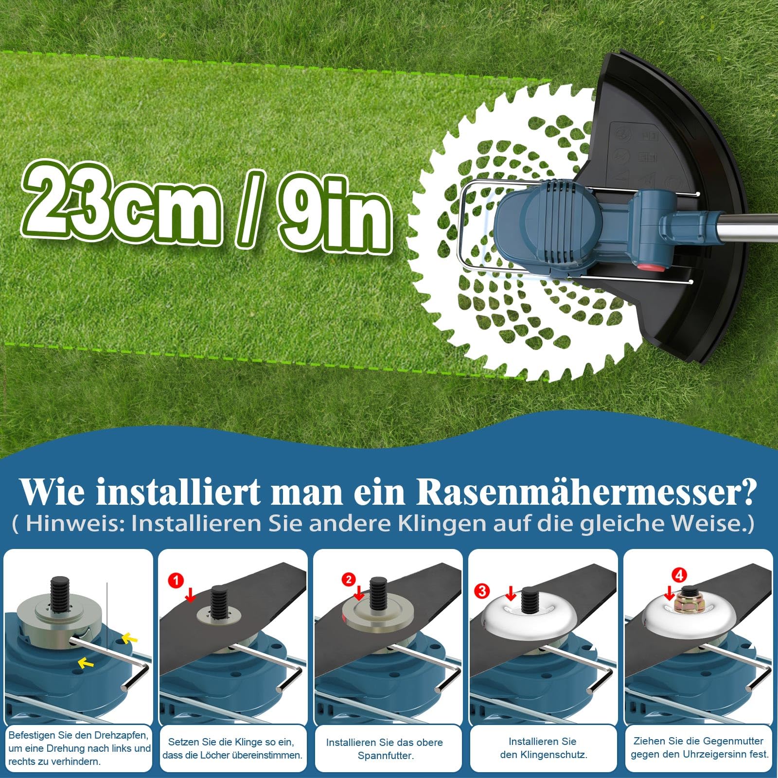 Rasentrimmer mit Akku, Akku Rasentrimmer für Makita-Akkus mit 5 Klingentypen, 21V Rasentrimmer mit Unkrautbürste, mit 2X4.0Ah Akku Freischneider, Tap&Go M10 x 1,25, für Garden Trimmen