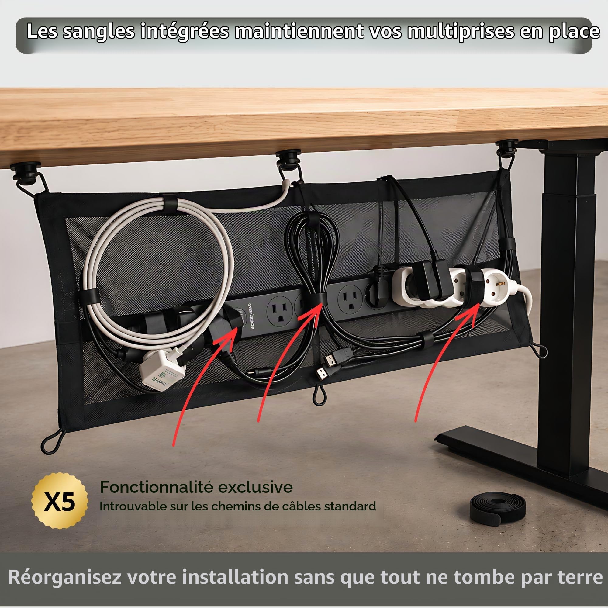Filet Rangement Cables sous Bureau 66 x 30 cm - Passe Cable Bureau, Cache Cable, 5 Straps Anti-Chute, Fixation Vis ou 3M VHB sans Percage