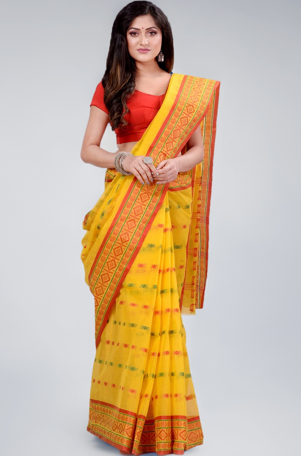dB DESH BIDESH Women`s Soft Cotton Tant Handloom Saree for women Chaturanga Yellow Saree for Haldi Tant Silk Saree Party, Wear Banarasi Wedding Sarees Georgette Latest, Design Farewell Saree for Women