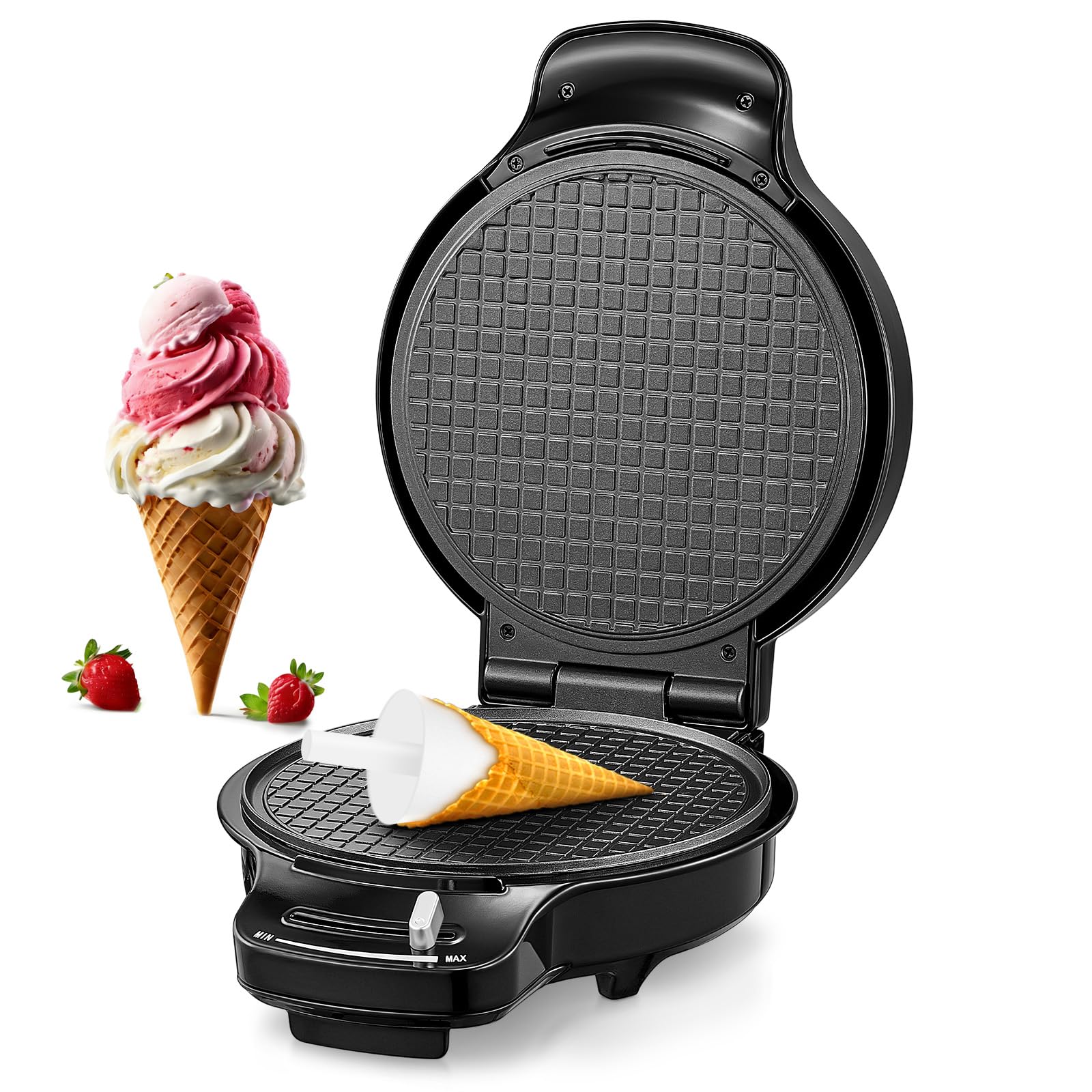 FOHERE Waffle Cone Maker Machine and Ice Cream Bowl Maker with Temperature Control, Double Side Nonstick Waffle Bowl Maker with Cone Roller, 7.5” Thin