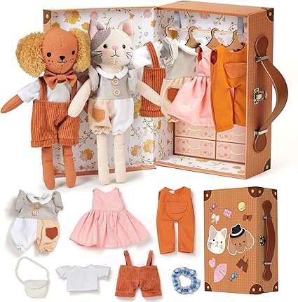 Golray Portable Dress Up Plush Doll Set with Storage Case, Cat & Dog Stuffed Animal Toys, Doll Clothes with Wooden Hangers & Suitcase Wardrobe Travel-Ready Toy Organizer, Gifts for Girls Ages 3+