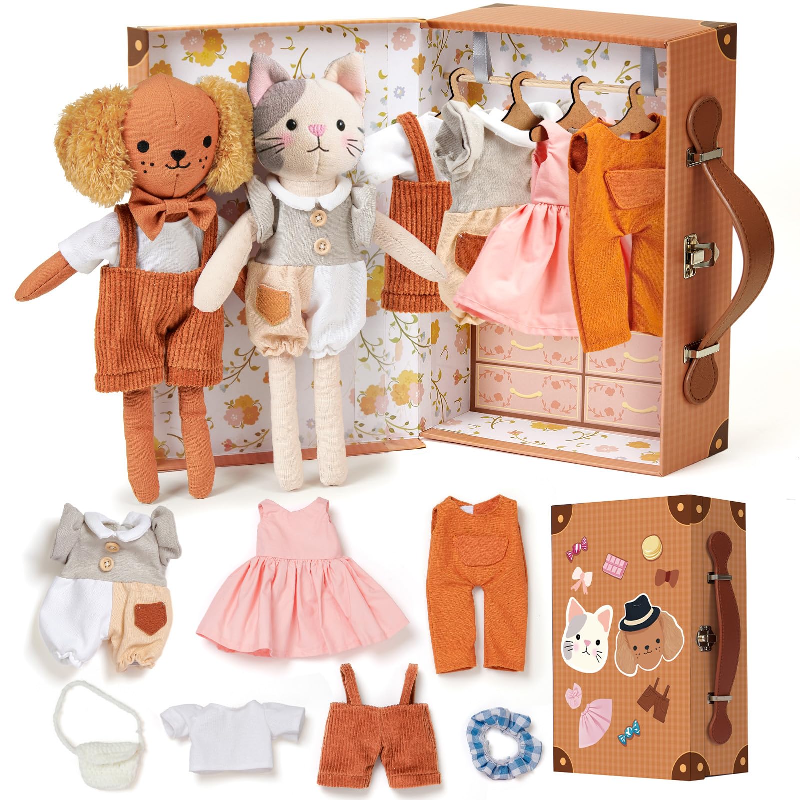 vamei Portable Dolls for Girls, Dog & Cat Plush Dress Up Set with Carry Handle Storage Case, Wooden Hangers, Dolls Clothes & Suitcase Wardrobe, 3 4 5 6 Year Old Girl Gifts Toys (Set 1)