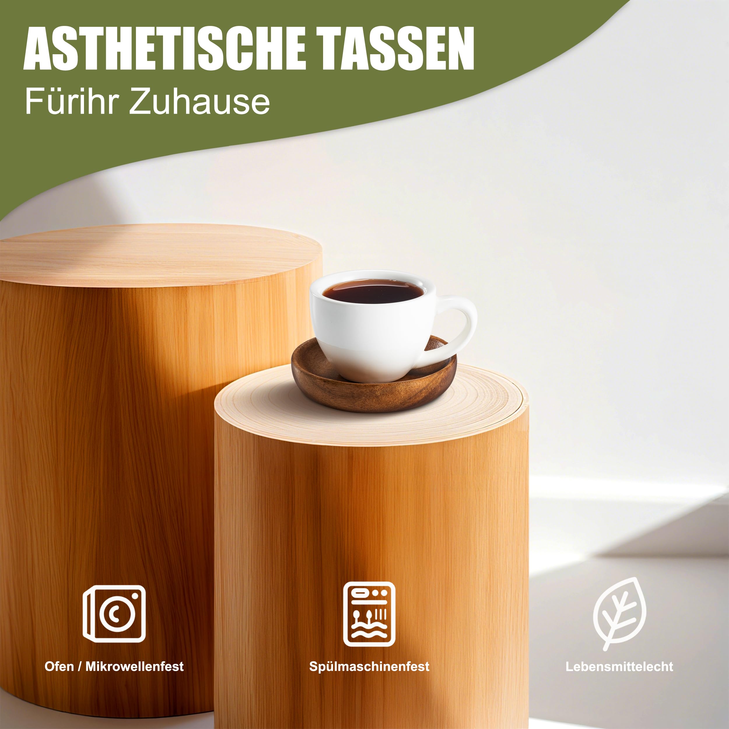 6er Set Espressotassen mit Untertassen – Weiß, 75ml Dickwandige Keramik-Espressotassen Set, Lang Warm Haltend, Stapelbares Design & Spülmaschinenfest