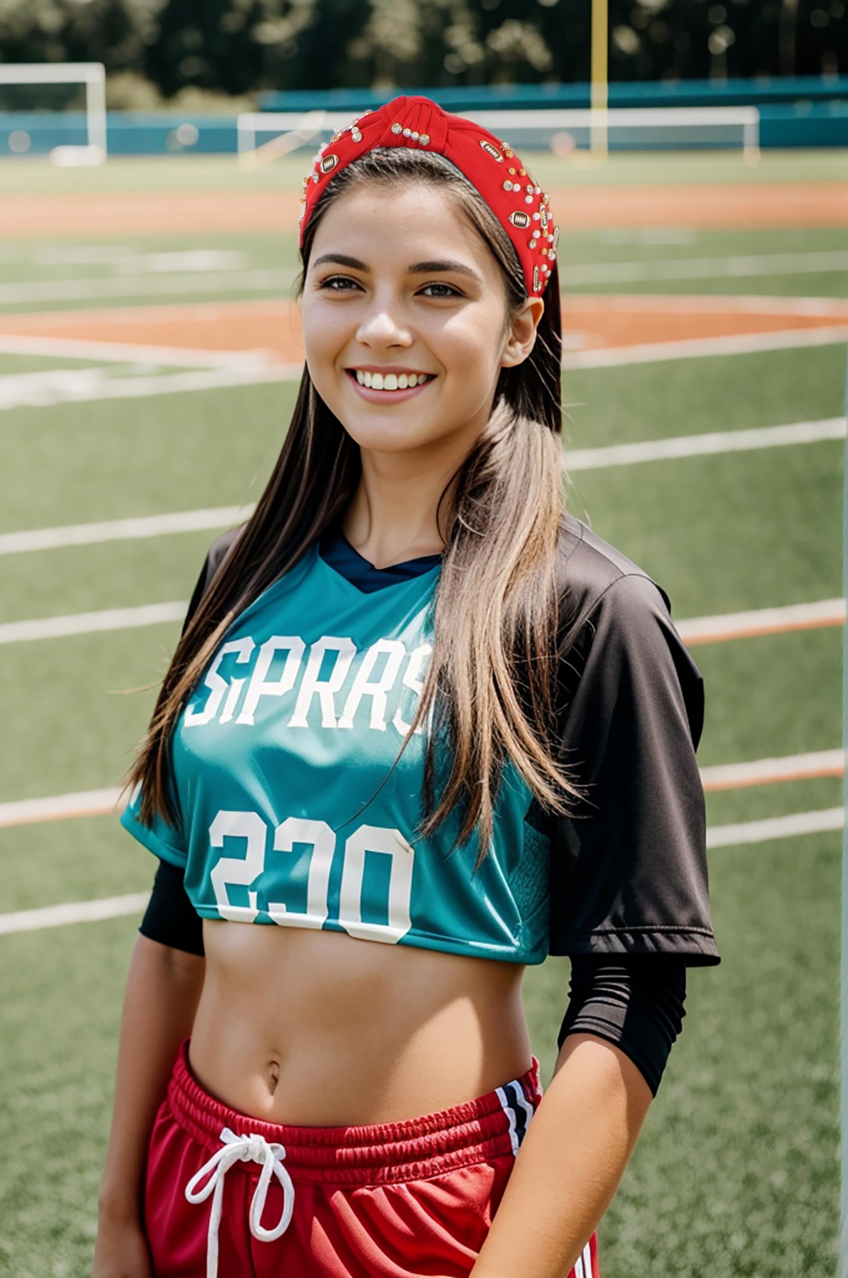 CAVETEE Diadema De Fútbol Para Mujer, Diadema Anudada Con Diamantes De Imitación De Color Rojo Y Perlas De Imitación, Diadema Con Nudo Superior, Regalos Para Fanáticos De Los Deportes
