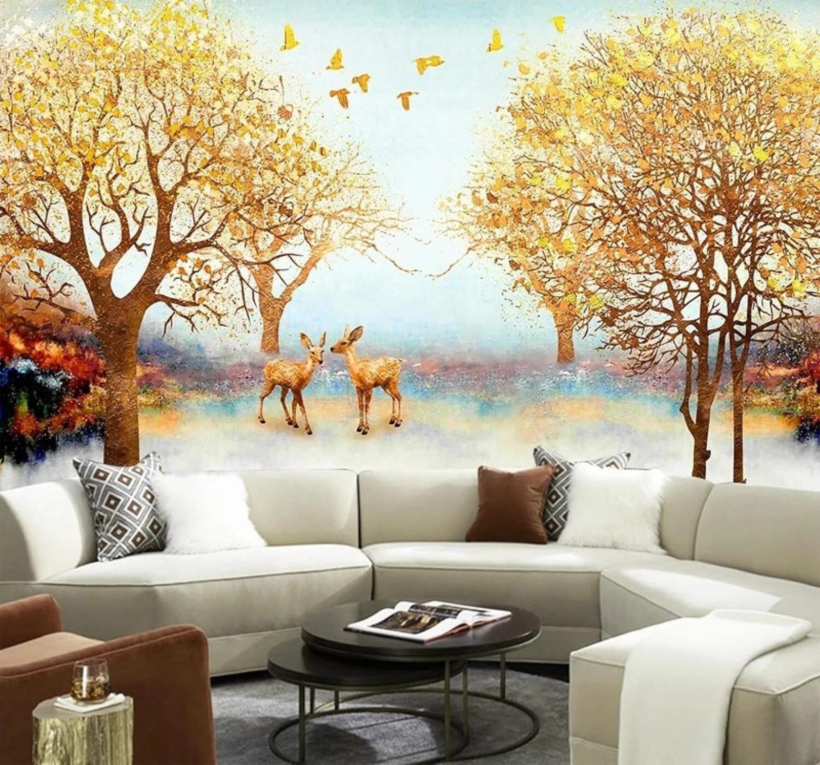 XLMING Autumn Light Luxury Golden Fawn Trees 3D Wallpaper Luxury Home Dining Decor Paste Sofa Living Room The Wall for Bedroom Mural-400cm×280cm