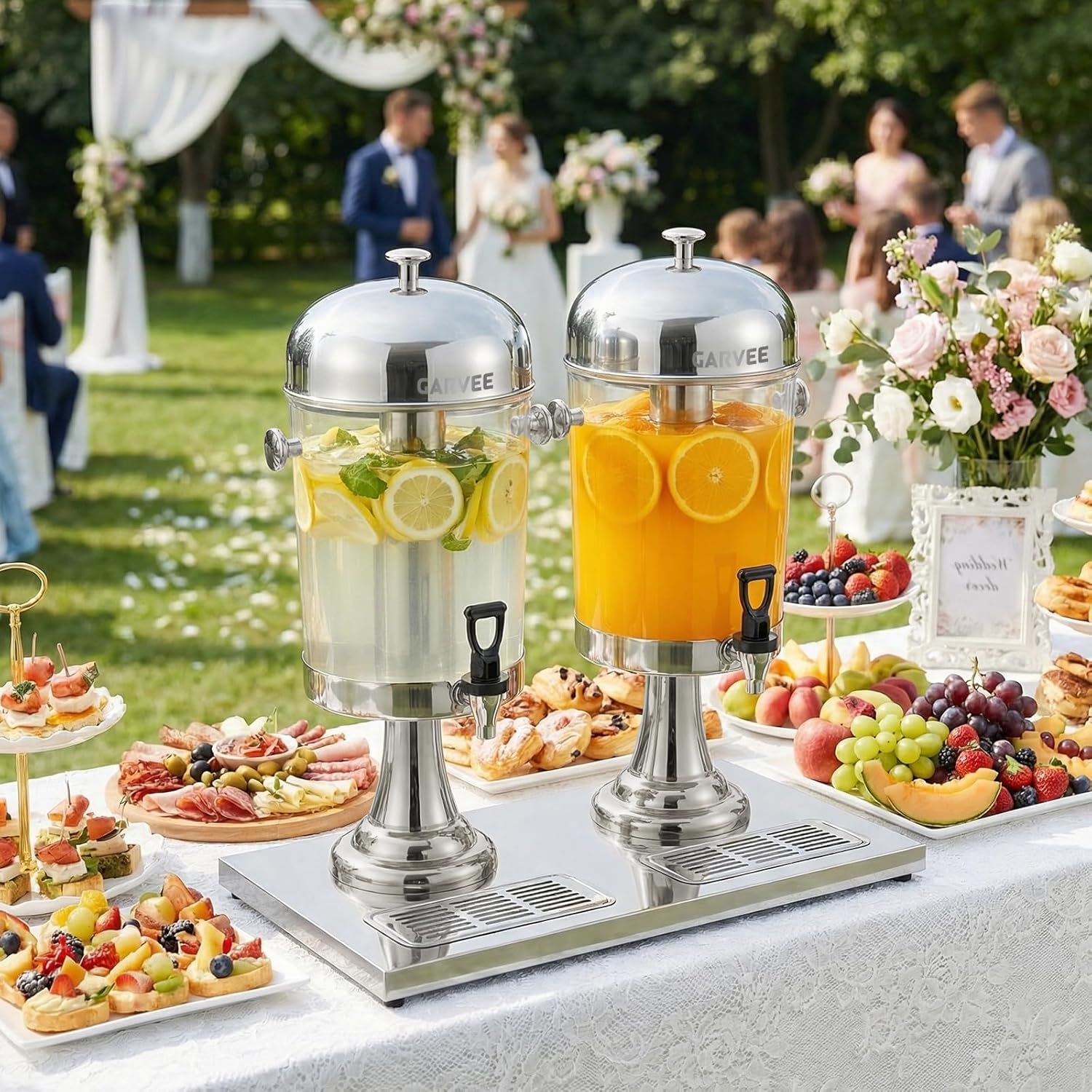 2x8L Getränkespender mit Kühlkern, Edelstahl Getränkeautomat mit transparentem PC-Behälter und Tropfschale, ideal für Party, Buffet und Catering – Heiß und Kalt Getränke
