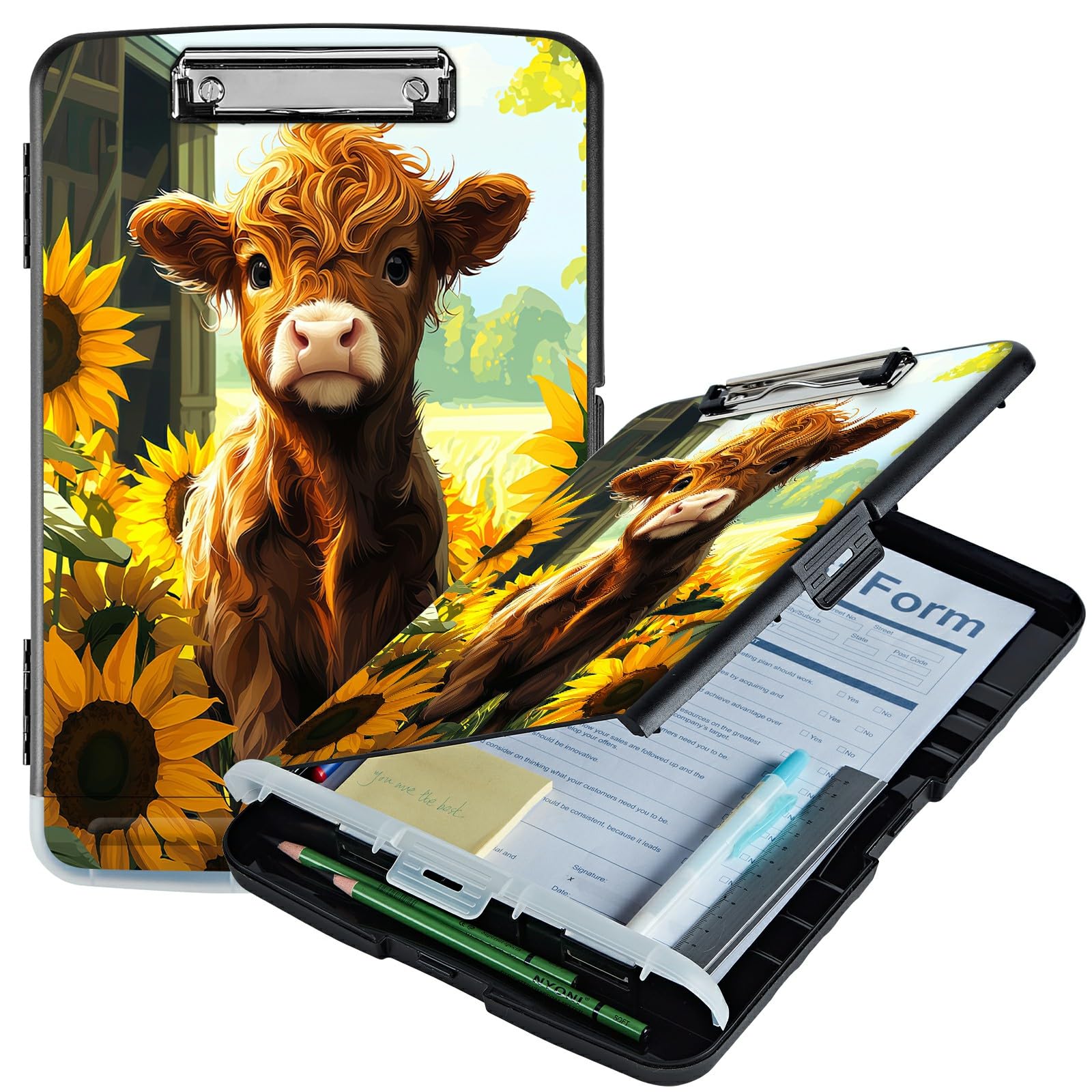 RWUTYTIUL A4 Clipboard with Storage Pen Holder, Clipboards Organizer Nursing Clipboard Foldable File Folder Plastic Clipboard Folio Clip Board for Office Work Classroom Doctor, Sunflower Baby Cow