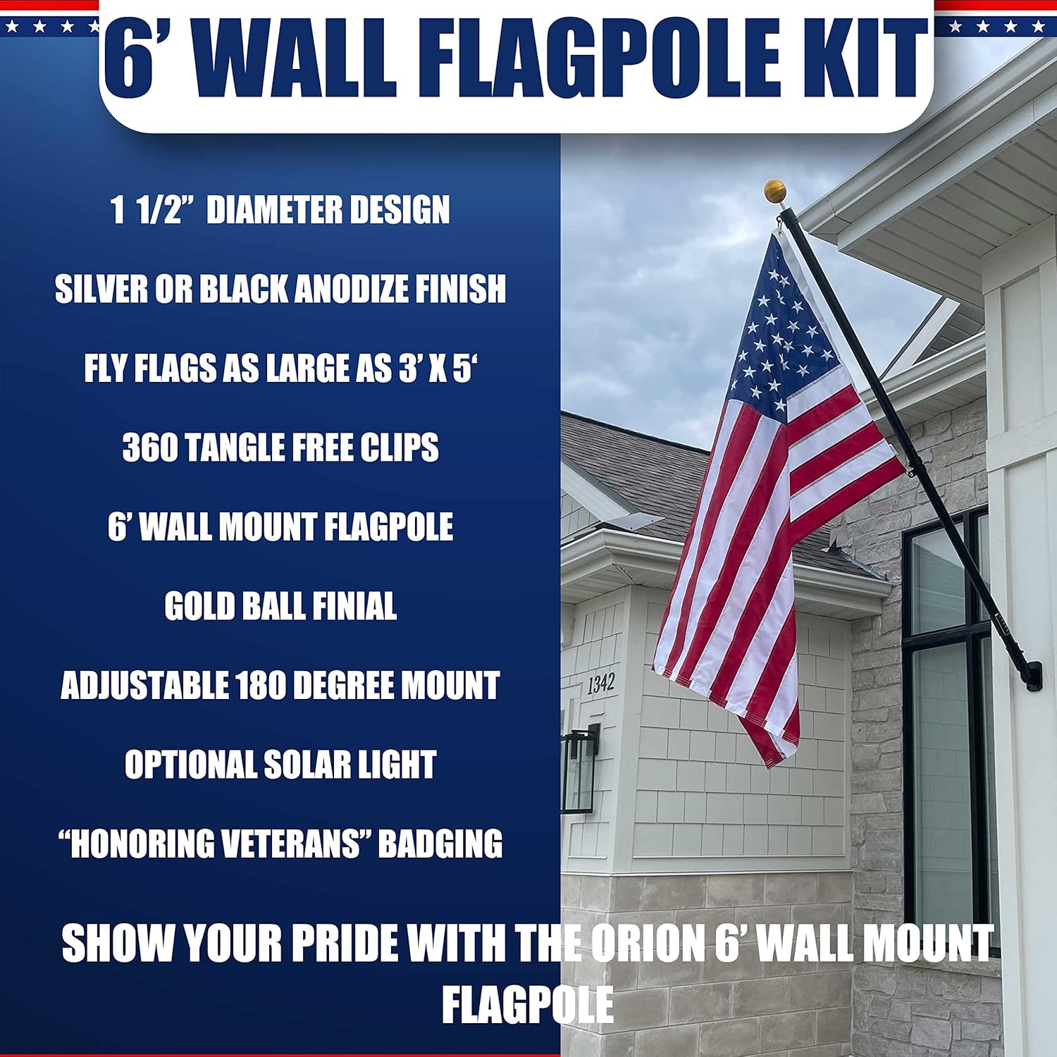 Service First - 6FT Flag Pole Black Orion Series Heavy Duty Wall Mounted Tangle Free Design - Swivel Rings - Stainless Steel Clips (Black)