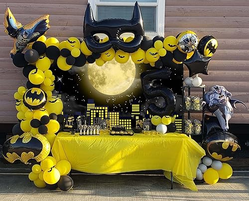 Miniatura 4 de Telón de fondo de superhéroe de Super City para fotografía, 8 x 6 pies, color amarillo, luna llena, paisaje urbano, fondo de foto, baby shower,