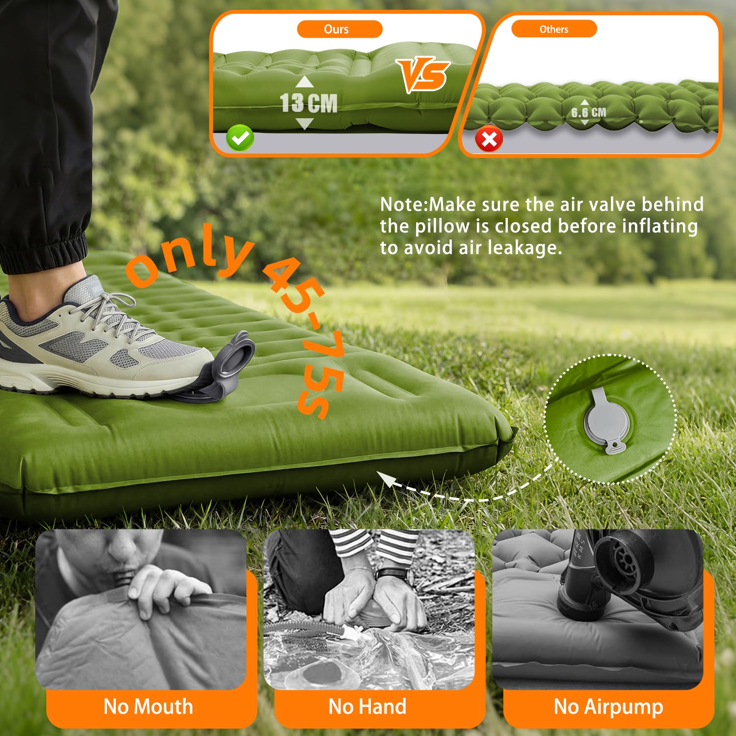 Colchoneta de dormir para acampar, 13 cm mejorada con bomba integrada, colchón inflable ultraligero, almohadilla de dormir para acampar al aire libre, mochileros, senderismo, viajes (verde