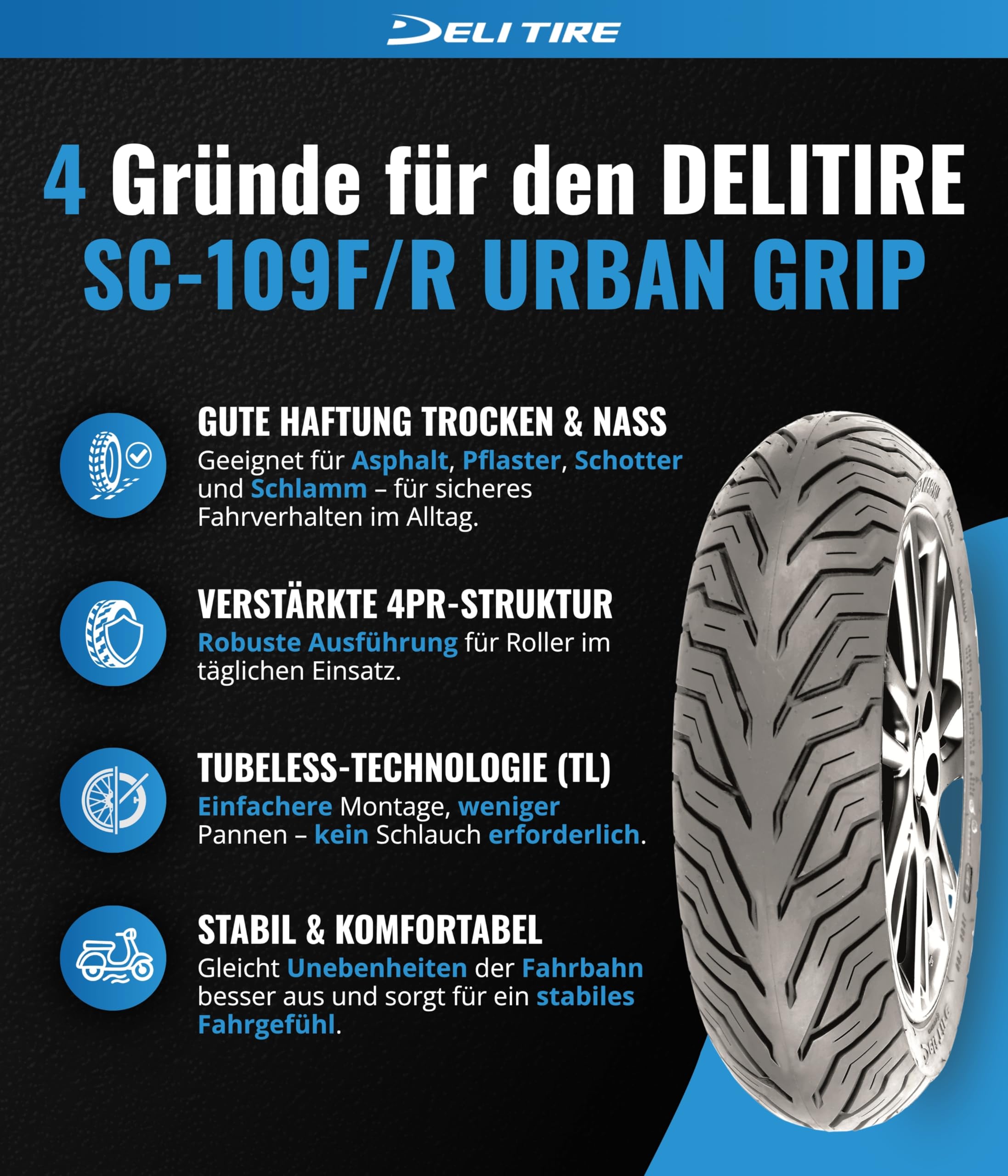DELI TIRE URBAN GRIP SC-109 90/90-12 TL 54J, Rollerreifen Vorne