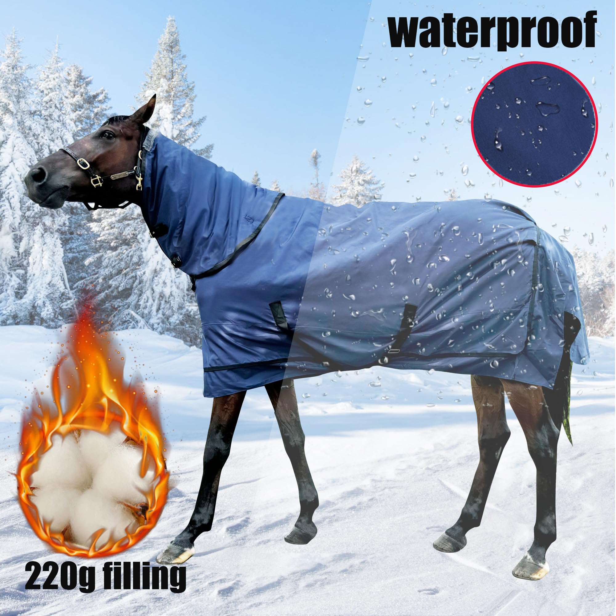 Manta de caballo 1200 D, manta de caballo con cubierta de cuello desmontable, relleno de 220 g, manta impermeable a prueba de nieve para caballo (EE. UU. 72 pulgadas (UE 135 cm)