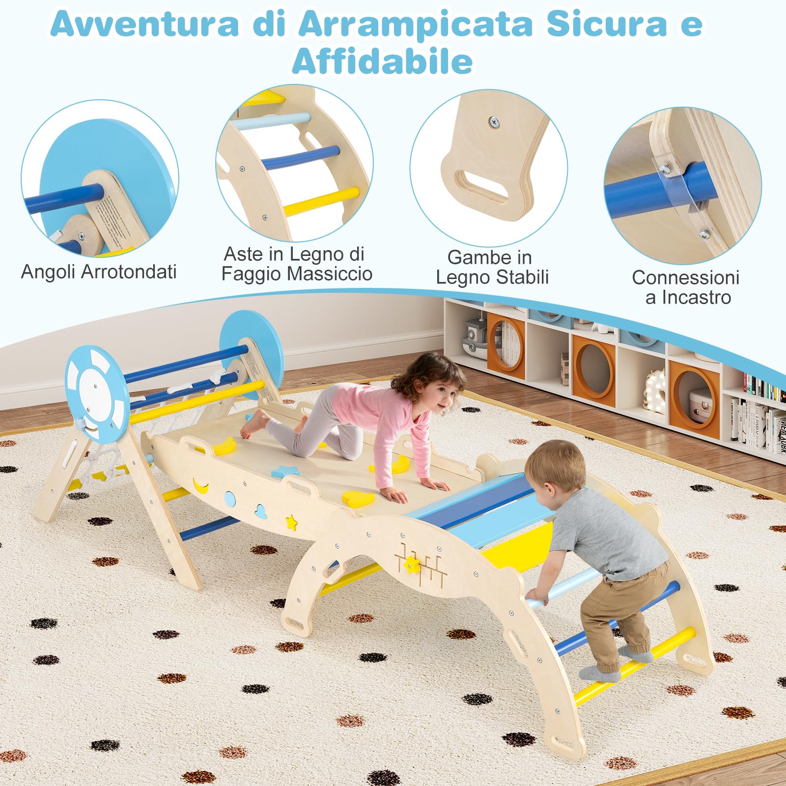 RELAX4LIFE Set da Arrampicata per Bambini, Triangolo di Arrampicata con Scivolo e Arco, Gioco di Incastri in Legno (Marinaio con Rete-3 Pezzi | Macaron)