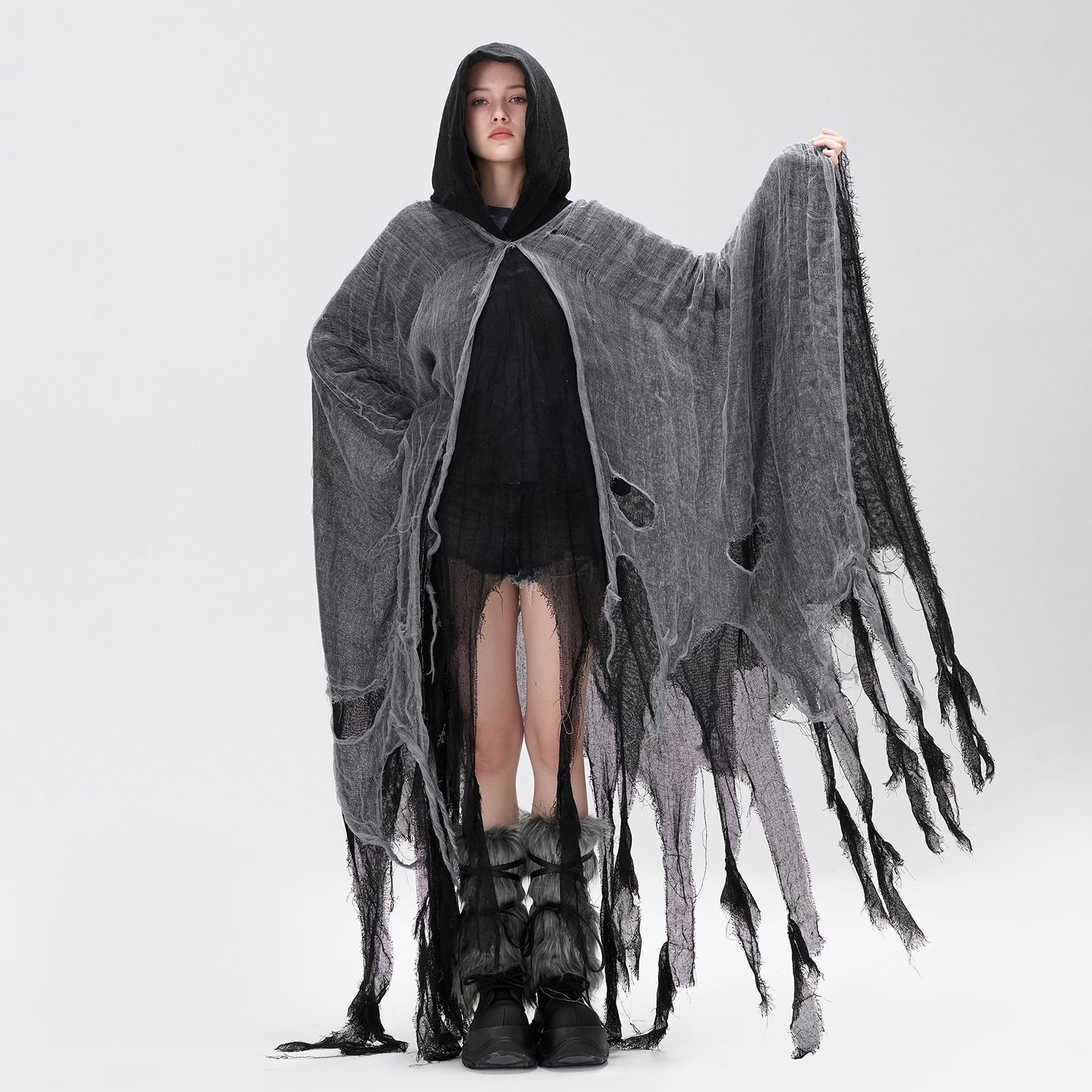 SANSIWU Women's Halloween Ripped Witch Cloak Adults Terrifying Reaper Ghost Cape Medieval Renaissance Scream Grim Cosplay Outfits (A-Black - Image 4