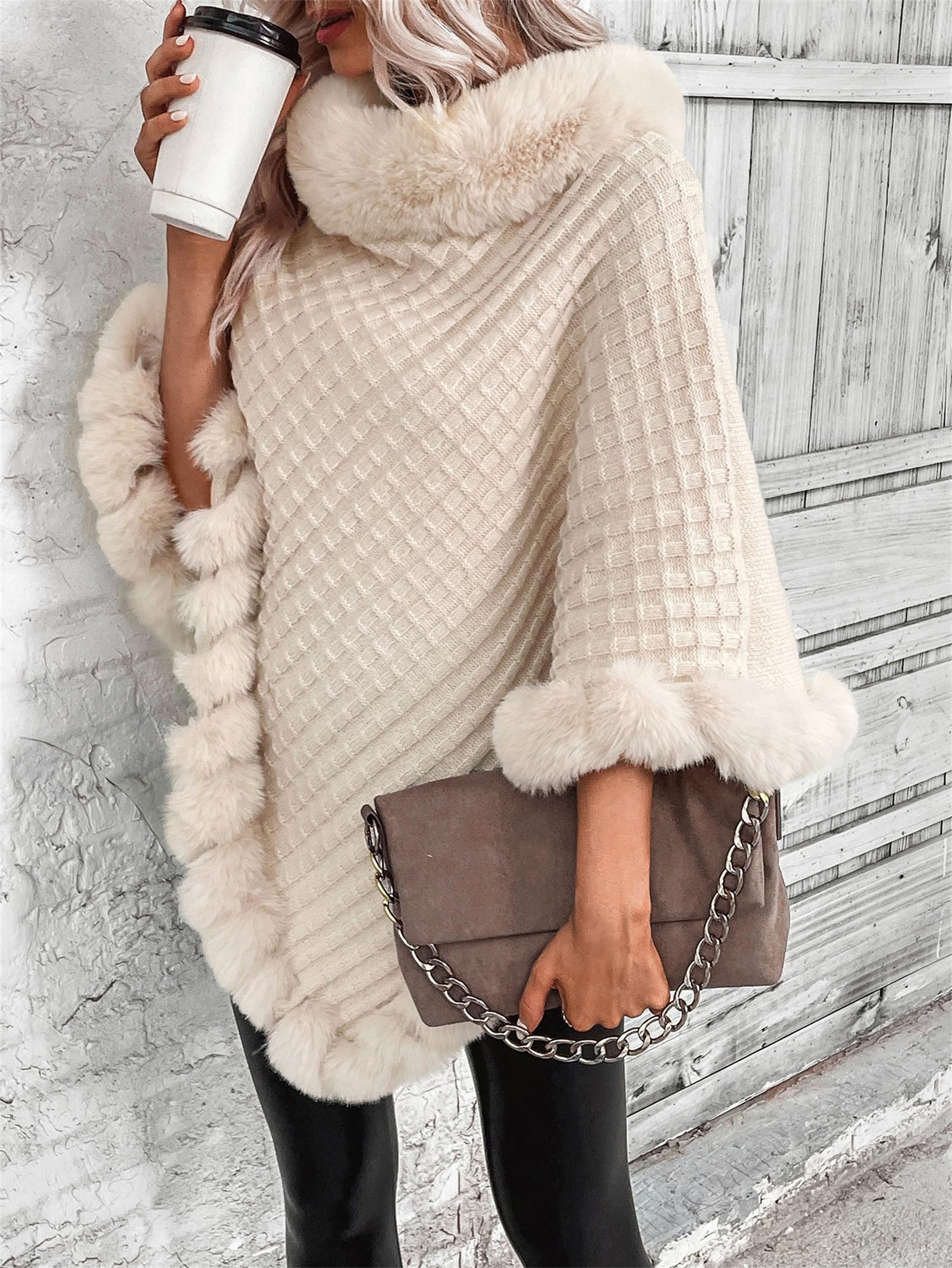 Poncho mit Kunstfellbesatz, eleganter Cape-Mantel mit Kunstfellkragen und Besatz, Winter, warm, gestrickt, Stola, Schal für Damen