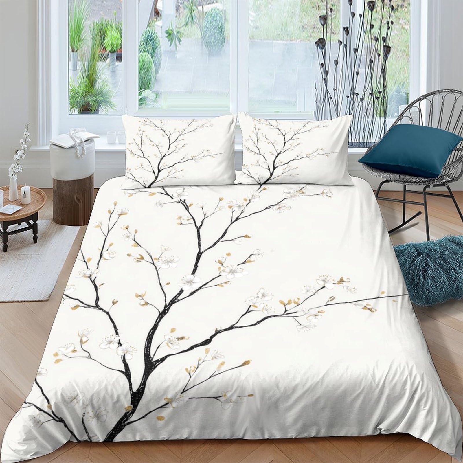 Ctjqhvkz Style-8 3D Printed Plum Blossom Branch Fitted Sheet Microfiber Soft Anti-Slip Mattress Cover White Bedroom Decor Single（135X200cm）