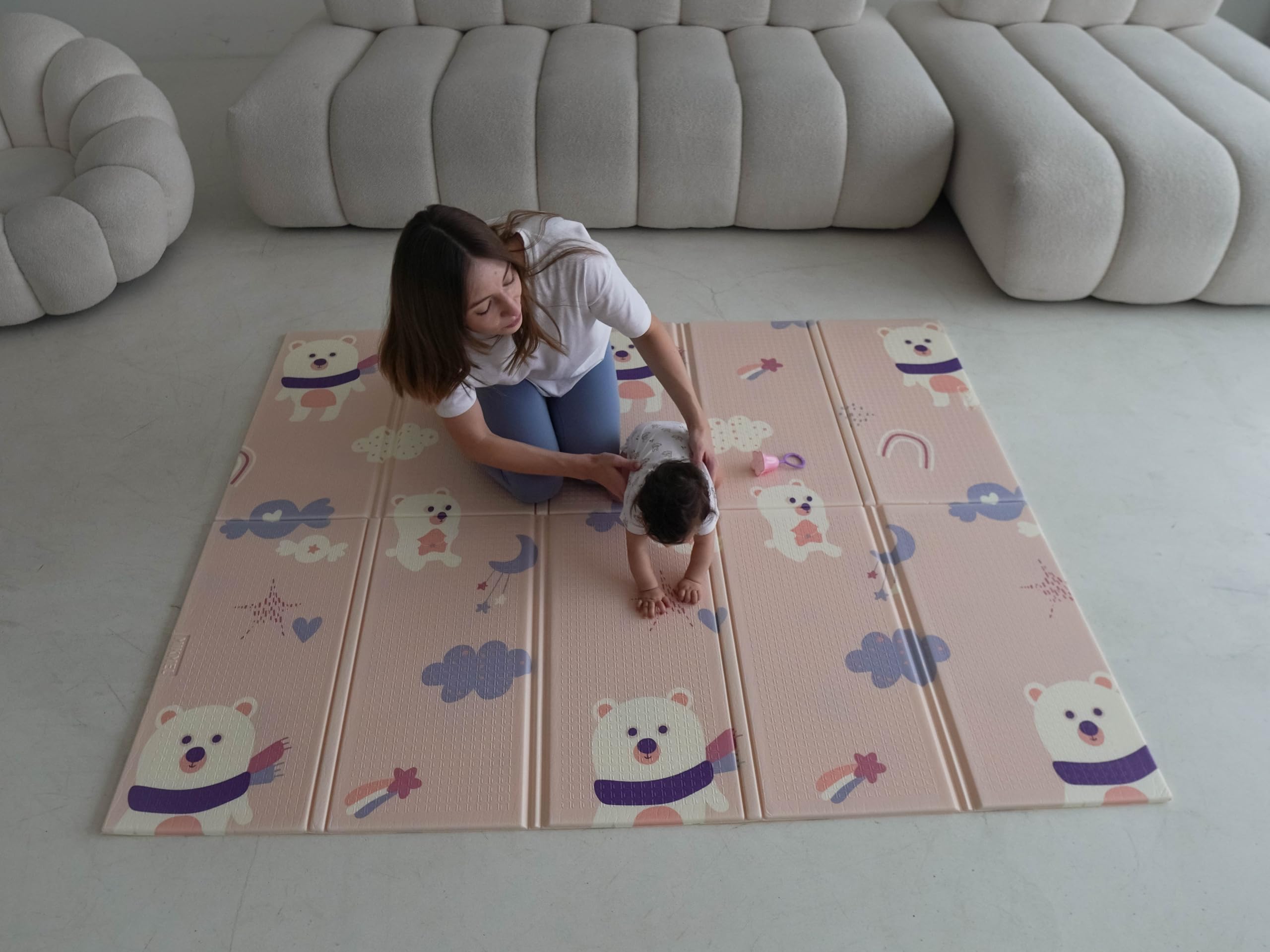 MIKMEL Children's Play Mat. XXL Reversible Foldable Foam Floor Mat. Playpen Baby Play Mat. Waterproof Child Crawling Mat (Bears/Stars)