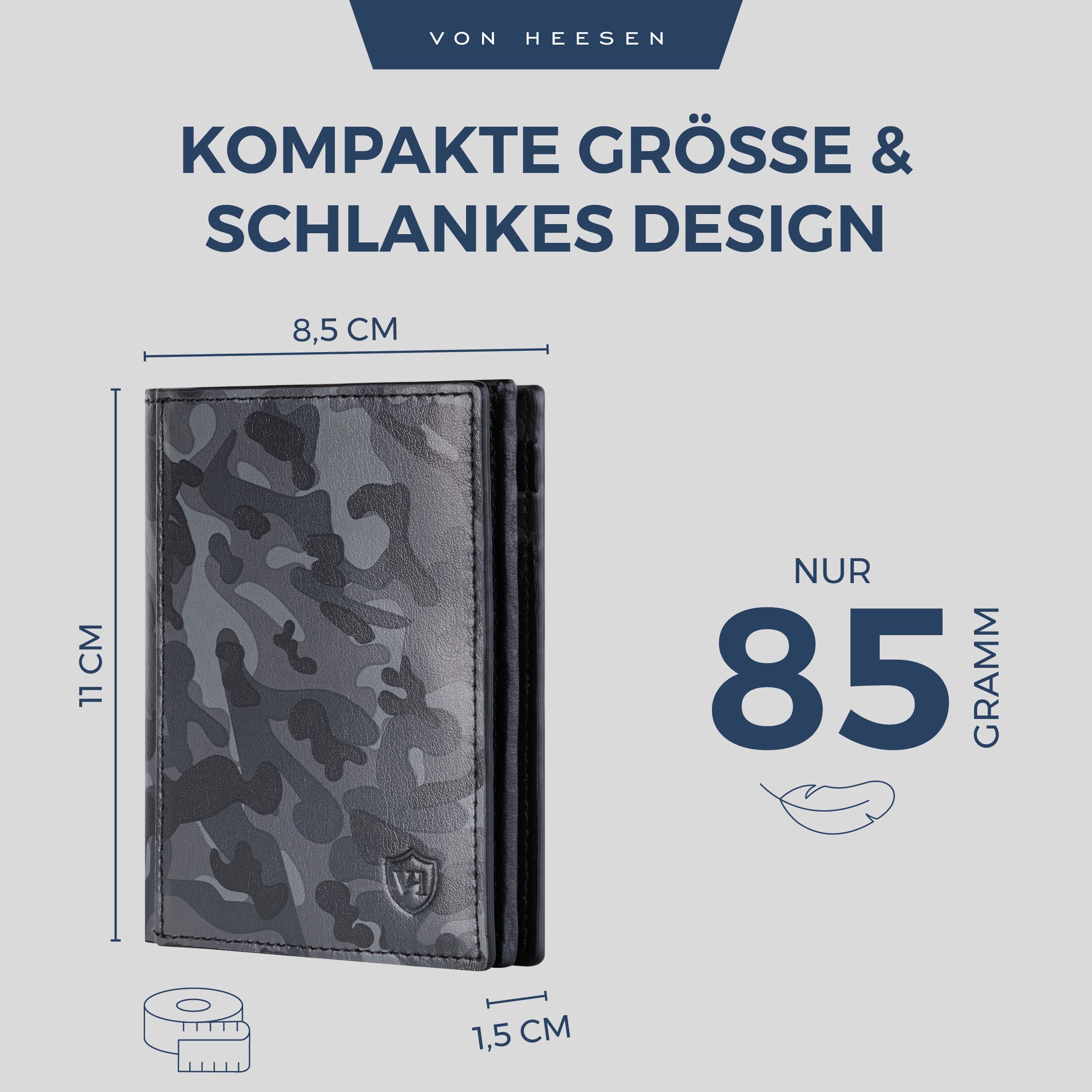 VON HEESEN® Leder Geldbörse mit Münzfach & RFID Schutz Herren & Damen - Echtleder Geldbeutel für Männer & Frauen - Portemonnaie Brieftasche Wallet Portmonee (Camouflage Grau)