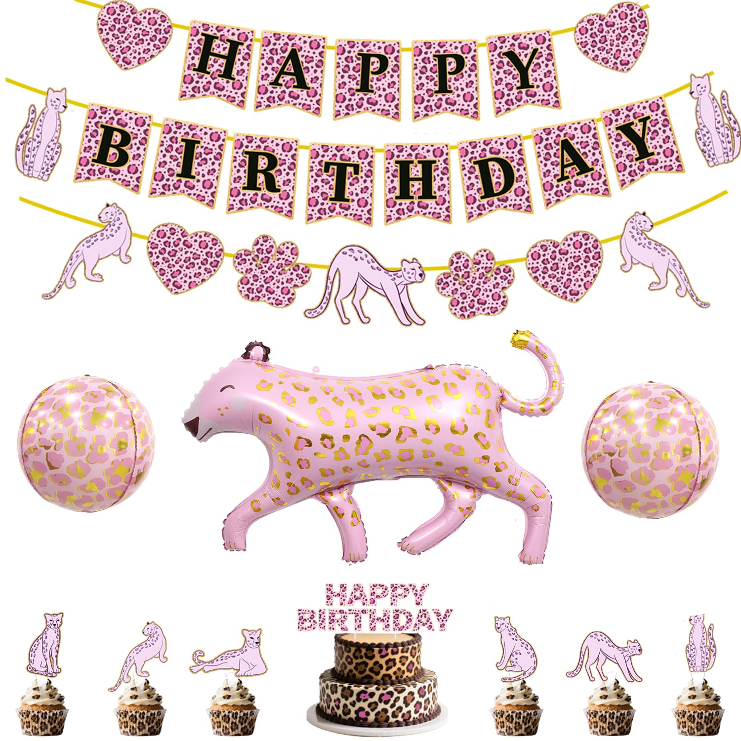 Pink Cheetah Happy Birthday Banner,Girls' Leopard Party Decorations, Cheetah Printed Cake Cupcake Top Balloon, Jungle Safari Animal Themed Birthday Party Supplies