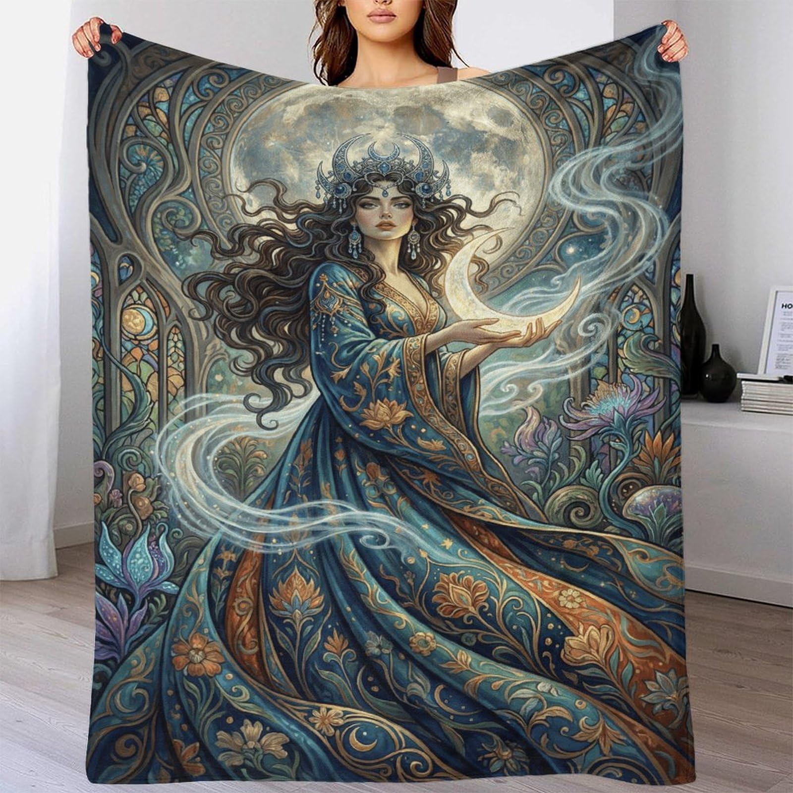 W7C8U2X3 Art Nouveau Mucha Goddess Flannel Throw Blanket, Reading Couch Use
