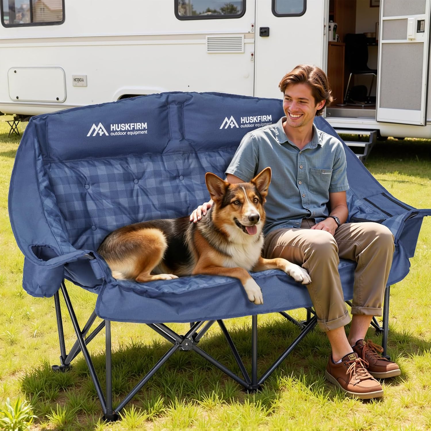 Huskfirm Padded Double Camping Chair High Back 2 Person Camping Chair Oversized Camping Loveseat Support 800LBS Heavy Duty Camping Couch with Cup Holders, Cooler, Carry Bag, Blue
