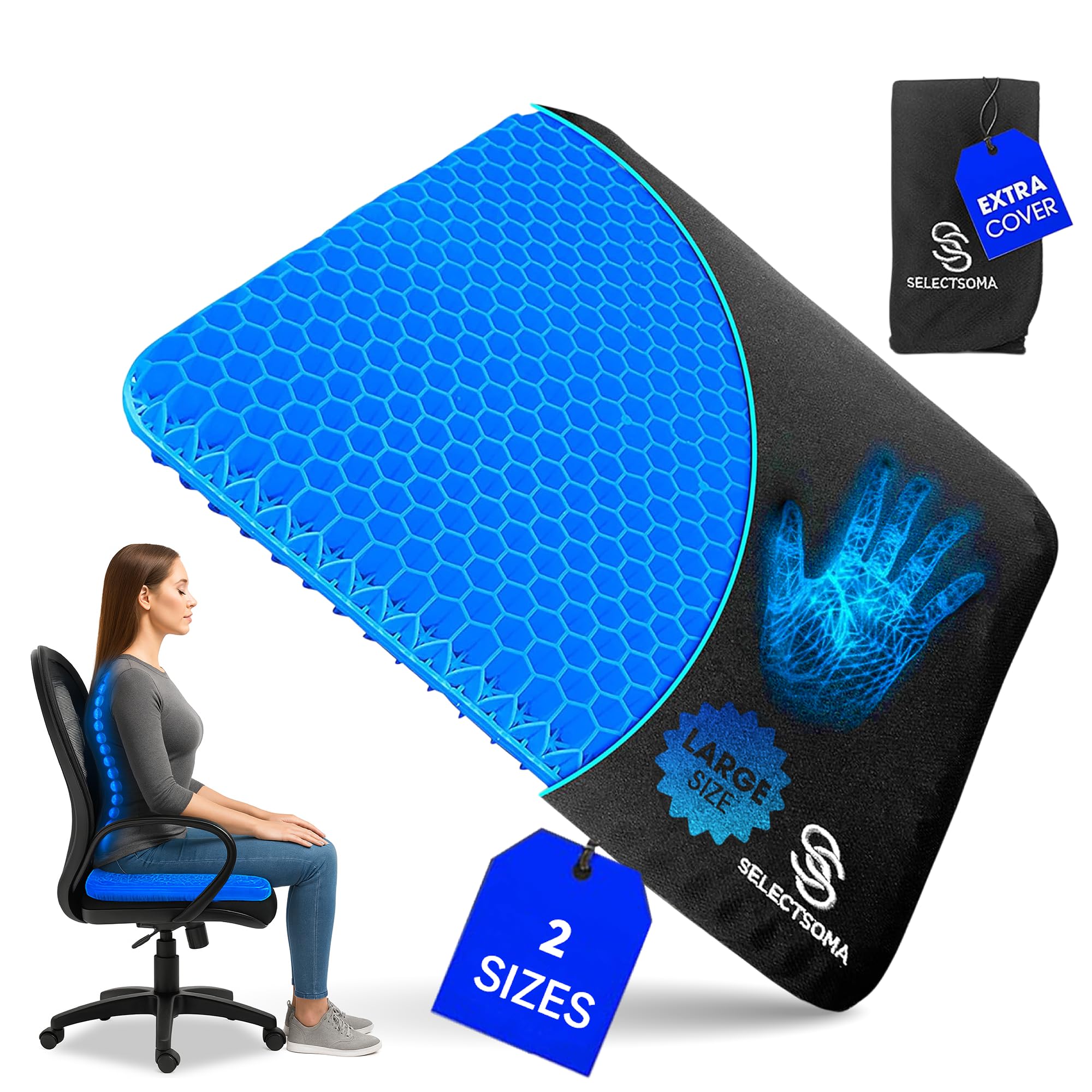 SelectSoma Super Large Gel Seat Cushion for Long Sitting - 18.5" x 17.5" - Breathable Cooling Design - Pressure Relief for Sciatica, Tailbone & Back -