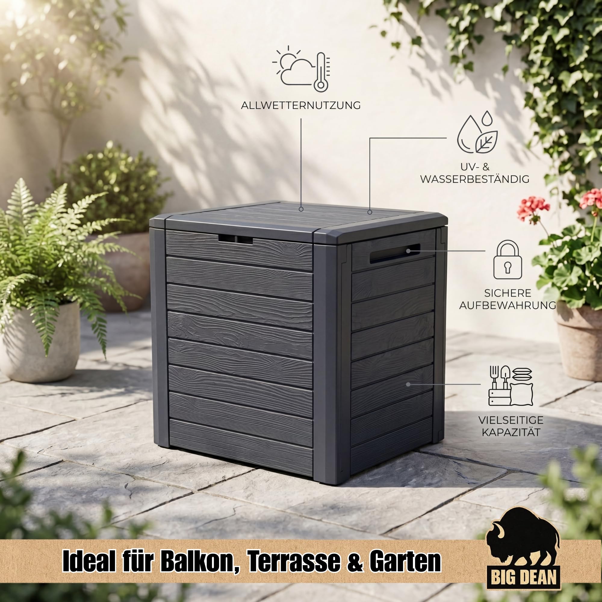 BigDean Gartenbox klein kompakt 140 Liter ideal für Balkon und kleine Flächen, Holzoptik Auflagenbox