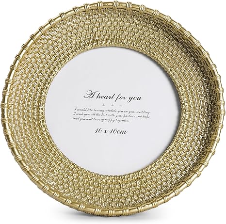 Round Picture Frame 4x4 Vintage Gold Frames, Rattan Textured Hand-Crafted Photo Frame with Glass Front, Antique Picture Frame for Tabletop Display & Wall Display, Retro Design Home Decor