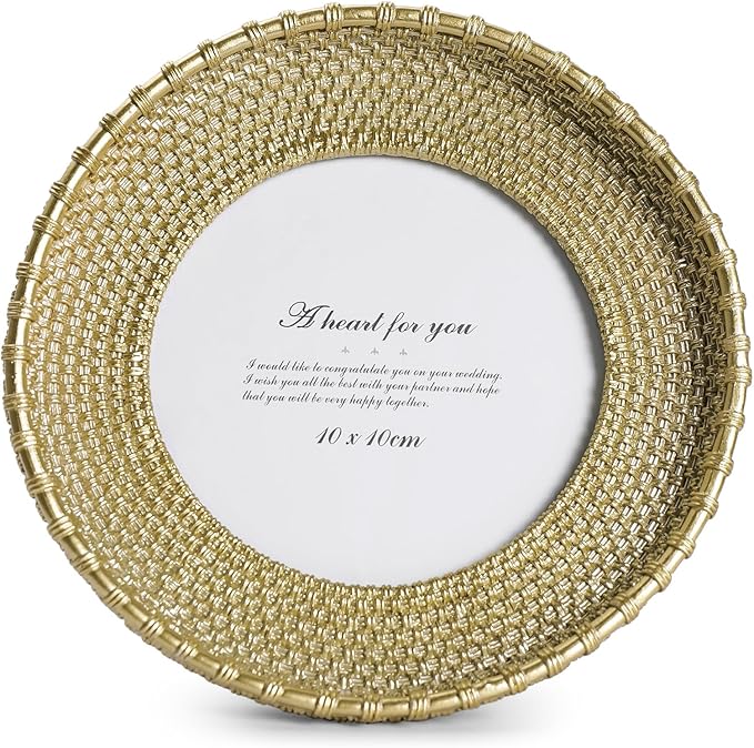 Round Picture Frame 4x4 Vintage Gold Frames, Rattan Textured Hand-Crafted Photo Frame with Glass Front, Antique Picture Frame for Tabletop Display & Wall Display, Retro Design Home Decor