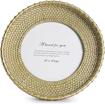 Round Picture Frame 4x4 Vintage Gold Frames, Rattan Textured Hand-Crafted Photo Frame with Glass Front, Antique Picture Frame for Tabletop Display & Wall Display, Retro Design Home Decor