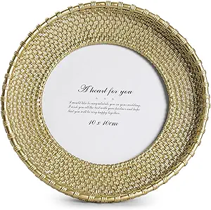 Round Picture Frame 4x4 Vintage Gold Frames, Rattan Textured Hand-Crafted Photo Frame with Glass Front, Antique Picture Frame for Tabletop Display & Wall Display, Retro Design Home Decor