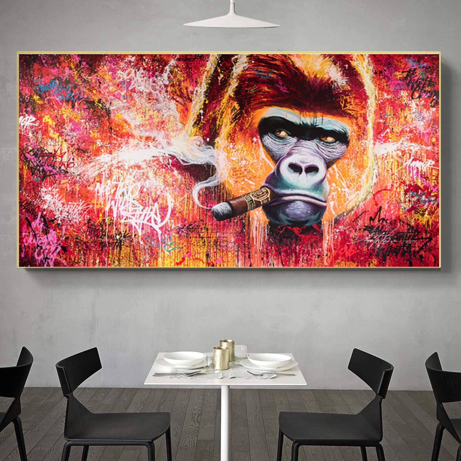 Smoking a Cigar Monkey Painting on Canvas Street Graffiti Art Gorilla Posters and Prints Scandinavian Wall Art Picture Red 44x92cm Frameless