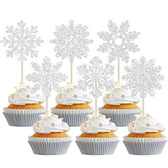 Gyufise 36Pcs Snowflake Cupcake Toppers Glitter Winter Frozen Theme Snowflake Cupcake Picks for Winter Wonderland Baby Shower Kids Birthday Christmas Party Cake Decorations Supplies Silver