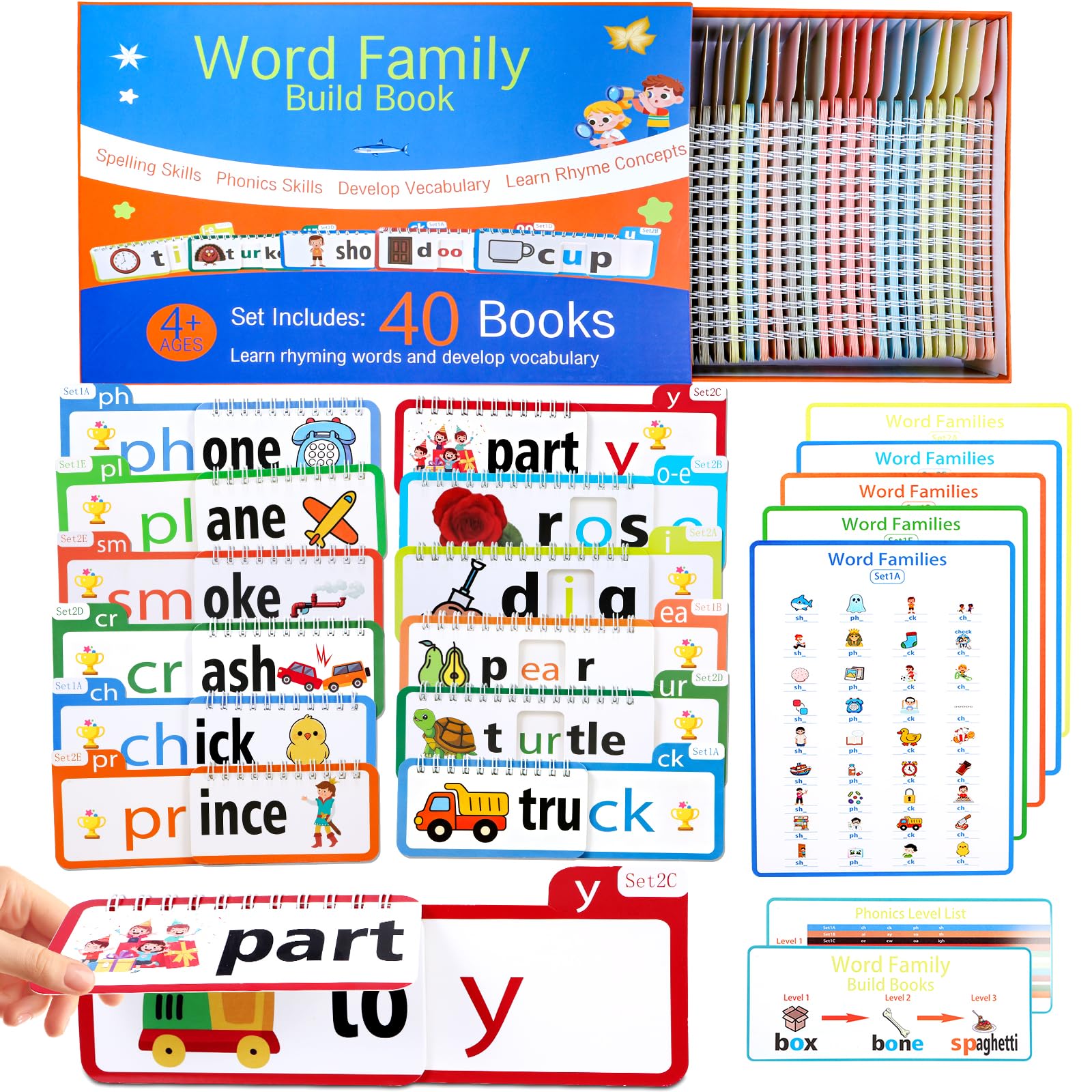 Phonics, Flash Cards Word Family Build Book, 40 libri a fogli mobili, per imparare a leggere le schede flash della fonica, schede flash con parole visive, scuola materna per bambini, attività di