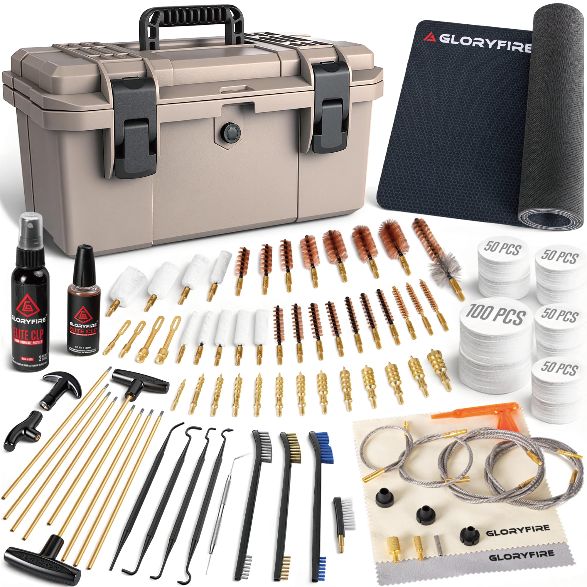 GLORYFIRE Adjustable Stand Deluxe Universal Gun Cleaning Kit - Highly Effective Cleaning Solutions for Hunting and Shooting - Portable/Compact - Brown