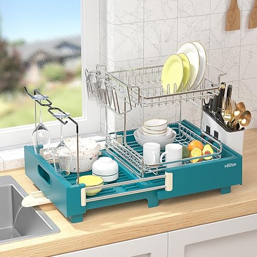 Youvip Escurridor de platos grande de 2 niveles, escurridor de platos grande de acero inoxidable con salida de agua ajustable, escurridor de platos