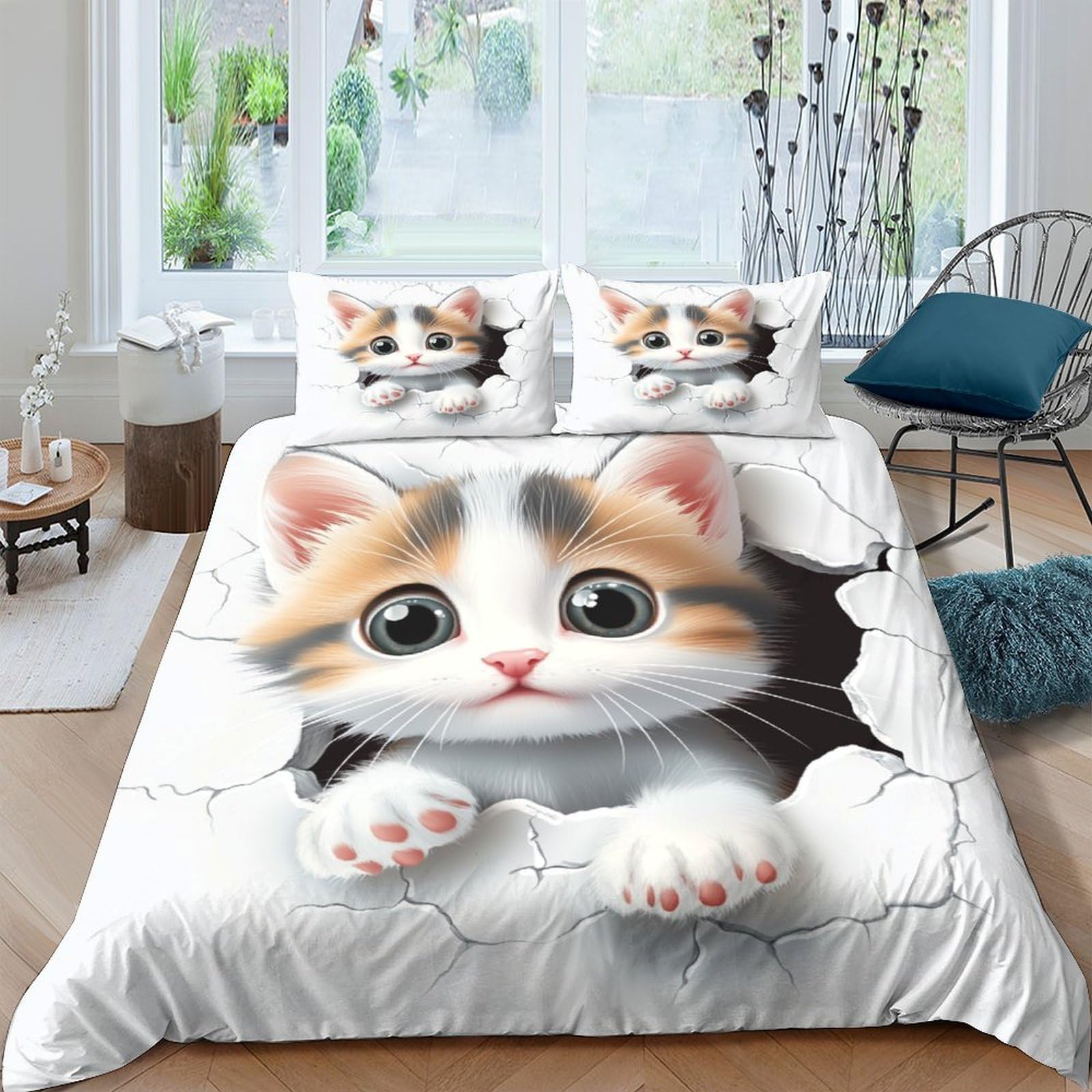 Gattino carino che sbircia 3D Stampa Coperta Letto 3pz Microfibra Antimacchia Fumetto digitale Coperteletto 2 federe Resistente Sbiadimento Adulti Coppie Super king（260x220cm）
