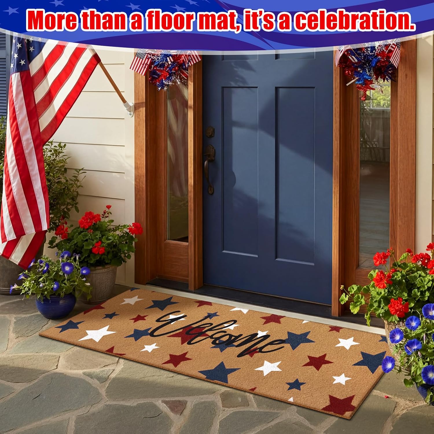 Breling 1 Pcs Large Patriotic Coir Doormat, 16 x 48 inches 250 Anniversary Front Door Rug with Blue Red White Stars, Entryway Mat for 4th of July Memorial Day Outdoor Porch Decor