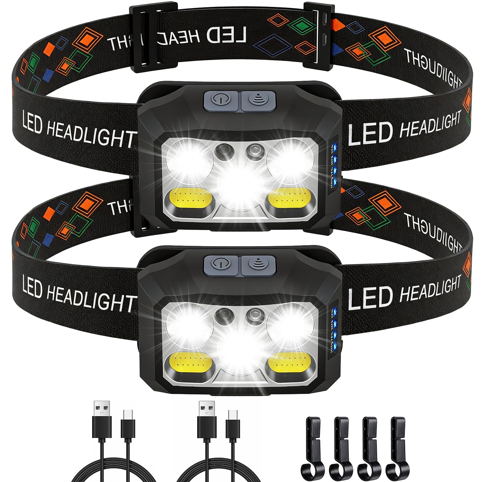 2 Pezzi Torcia Frontale LED Ricaricabile USB Lampada Frontale 6 Modalità di Luce Pila Frontale Ricaricabile 2000 Lumen Con Sensore di Movimento IPX6 Impermeabile per Pesca Campeggio Corsa Joggin