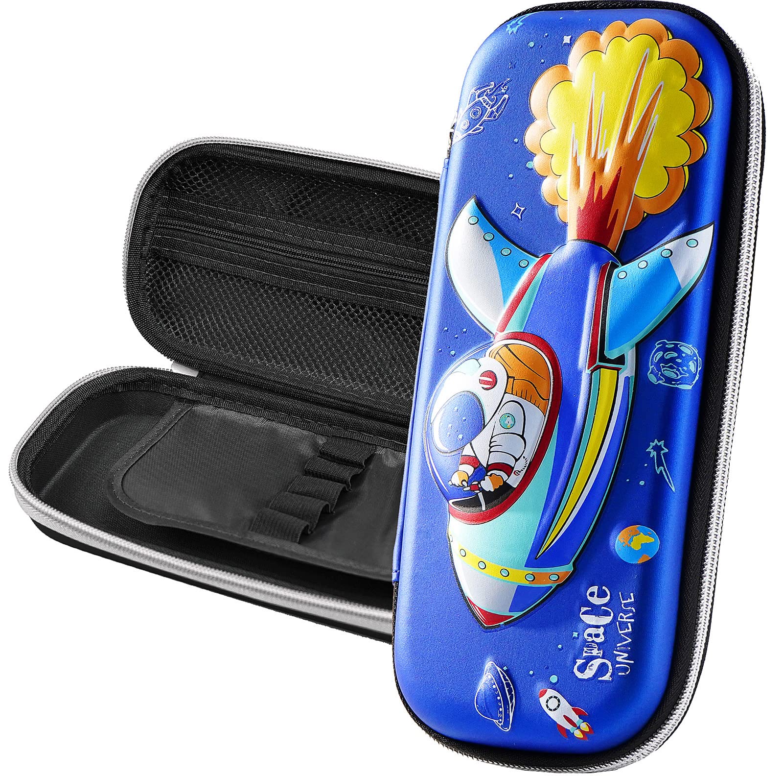 FEWOFJ 3D Spacecraft Pencil Case for Kids Boys Waterproof Pencil Box with Compartments Pen Pouch (Blue), 9 x 4.2 inches