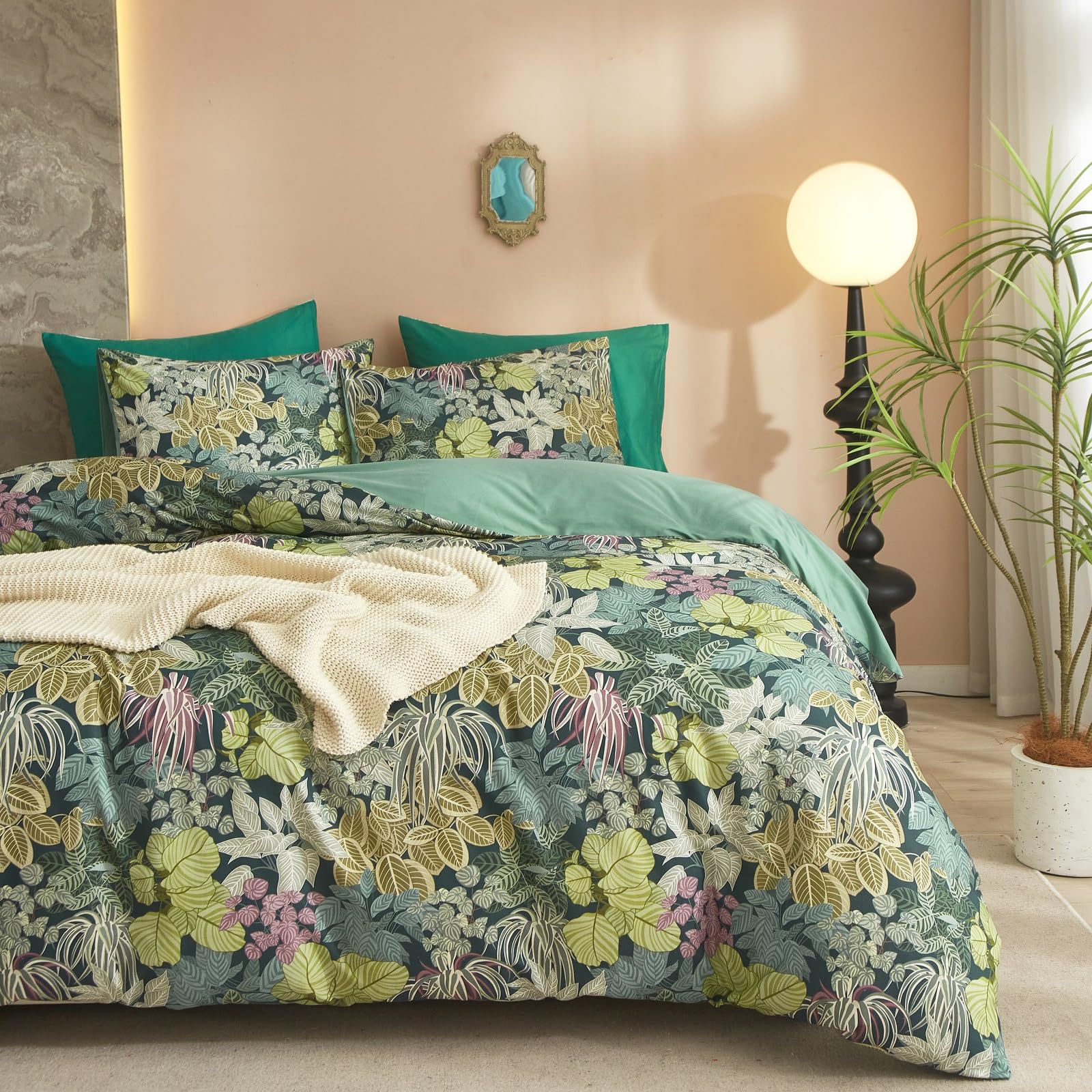 Tropical Botanical Green Leaves Duvet Cover Queen - Soft Cotton Floral Bedding Set With Aesthetic Tree Plant Leaf Design - Vintage Comforter Cover With Zipper - 1 Duvet Cover, 2 Pillowcases — image 1
