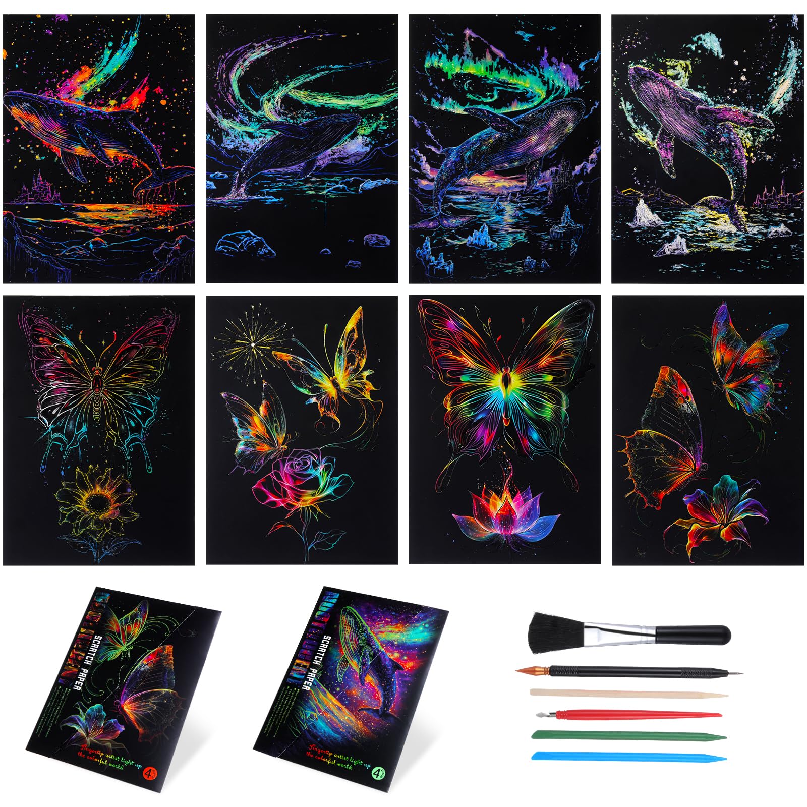 8 Pack Scratch Art for Adult Glow in The Dark Rainbow Painting Paper Sheet with Pen/Cleaning Brush Noctilucent Engraving Scratchboard with 4 Tools for Teens Adults Creative Gift Sketch Card DIY Craft