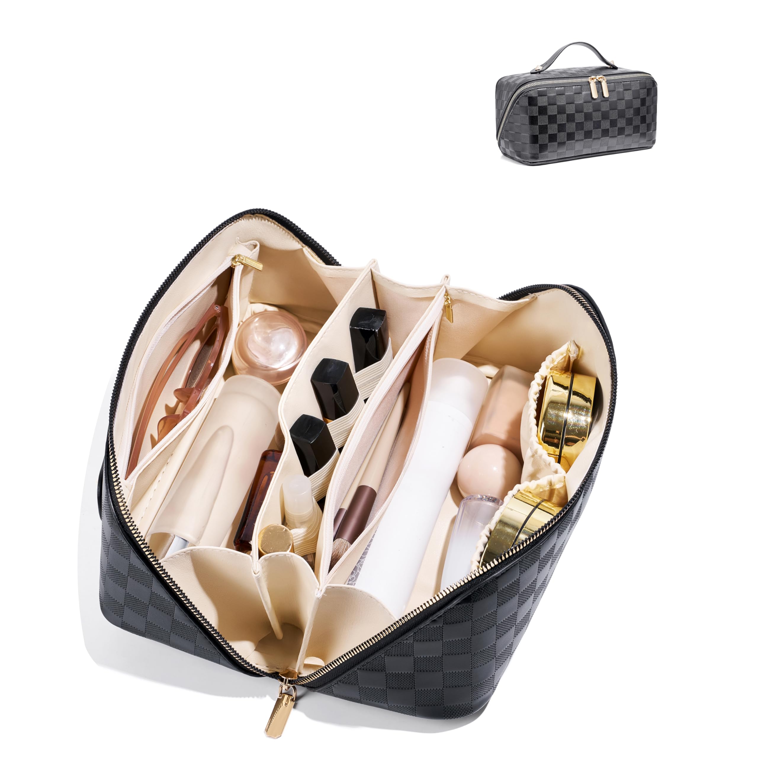 ALEXTINA Trousse de maquillage de voyage, trousse de maquillage en cuir PU