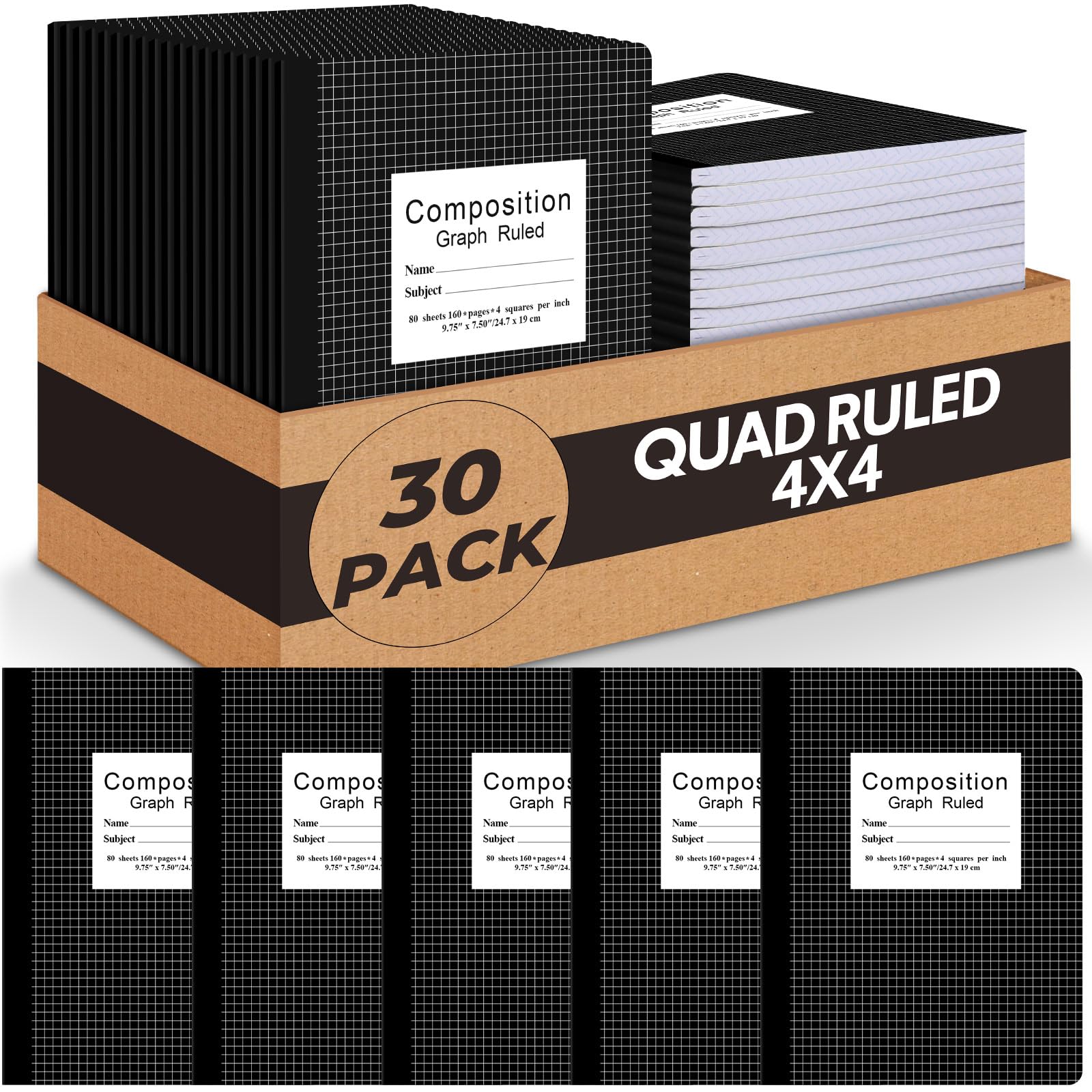 Fainne Confezione da 30 quaderni a quadretti B5 con composizione a quadretti, 10 x 10 cm (4 quadrati per pollice), 100 fogli per ufficio e scuola, colore nero